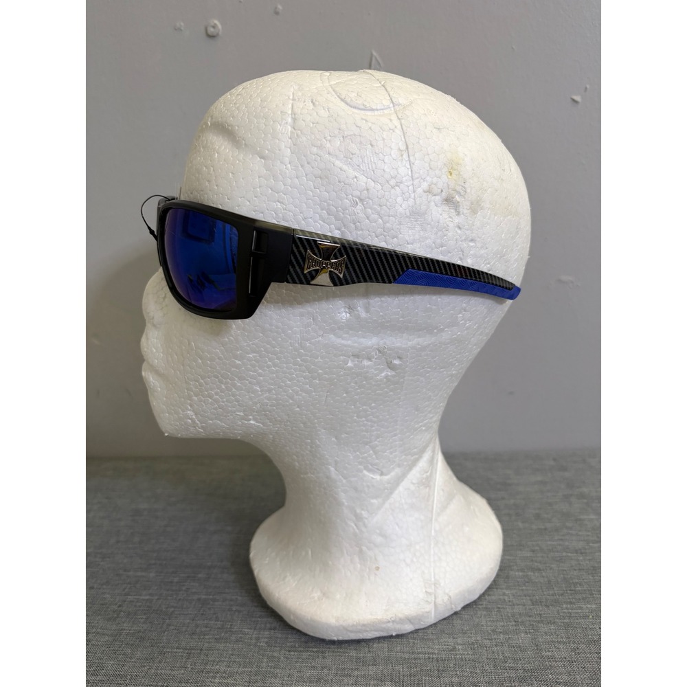 Choppers Sunglasses Mens OS Matte Black Blue Mirror Lens Biker Carbon Fiber Wrap